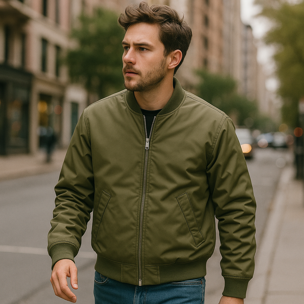 Nylon Bomber Jacket shown in a typical use setting