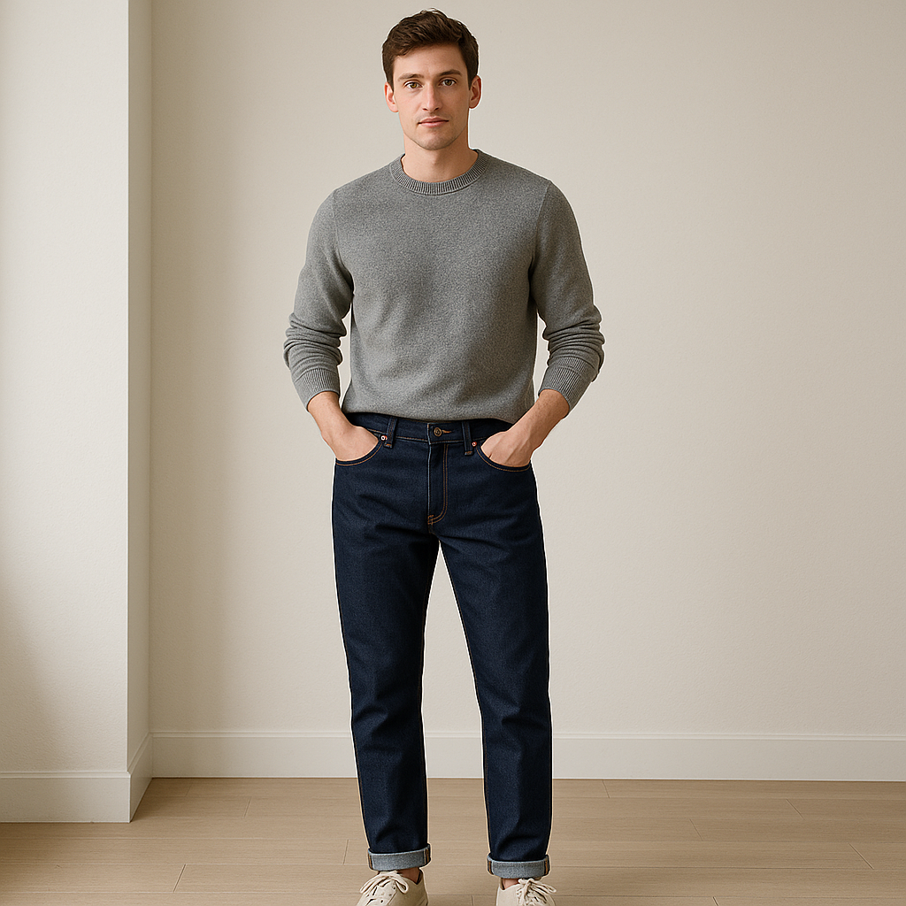 Person wearing Slim Straight Selvedge Jeans